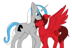 Size: 3270x2154 | Tagged: safe, artist:drarkusss0, derpibooru import, oc, oc:cinnamon pop, oc:sekr gray, pegasus, pony, unicorn, bowtie, eyepatch, sekramon, shipping, simple background, transparent background, ych result