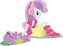 Size: 4593x3393 | Tagged: safe, artist:cloudyglow, artist:red4567, derpibooru import, edit, edited edit, editor:slayerbvc, spike, spike the regular dog, sweetie belle, dog, equestria girls, bellyrubs, boots, female, inverted mouth, looking back, misleading thumbnail, missing accessory, on back, out of context, shoes, simple background, sitting, smiling, spike's dog collar, transparent background, vector, vector edit