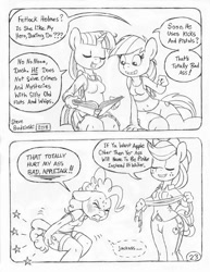 Size: 849x1100 | Tagged: safe, artist:circe, derpibooru import, applejack, pinkie pie, rainbow dash, twilight sparkle, twilight sparkle (alicorn), alicorn, anthro, comic:soreloser, applejerk, black and white, blushing, breasts, clothes, comic, grayscale, literal butthurt, monochrome, pleated skirt, skirt, spanking, towel, towel snap, traditional art