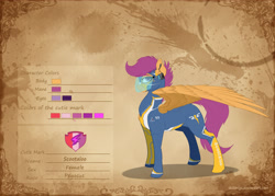 Size: 4200x3000 | Tagged: safe, artist:skitsroom, derpibooru import, scootaloo, pegasus, pony, alternate design, brown background, clothes, female, mare, older, older scootaloo, simple background, solo, uniform, visor, wonderbolts uniform