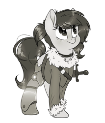 Size: 3000x3500 | Tagged: safe, artist:fluffyxai, derpibooru import, oc, oc only, oc:willow grace, amputee, buck legacy, clothes, coat, freckles, grayscale, monochrome, prosthetic leg, prosthetic limb, prosthetics, simple background, solo, sword, weapon, white background