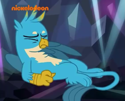 Size: 841x675 | Tagged: safe, derpibooru import, screencap, gallus, griffon, what lies beneath, beak, cropped, eyes closed, male, nickelodeon, paws, tail, wings