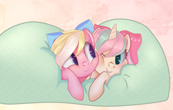 Size: 4320x2772 | Tagged: safe, artist:frfray, derpibooru import, oc, oc only, oc:bay breeze, oc:mirabelle, pegasus, pony, unicorn, beanbag chair, blushing, bow, cute, duo, female, hair bow, looking at each other, mare, nuzzling, squishy cheeks, ych result