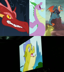 Size: 1920x2160 | Tagged: safe, derpibooru import, edit, edited screencap, screencap, basil, dragon lord torch, princess ember, sludge (g4), spike, dragon, dragonshy, father knows beast, gauntlet of fire, secret of my excess, comic con, comparison, male, op is a cuck, op is trying to start shit, open mouth, rex (dragon), san diego comic con, spikezilla