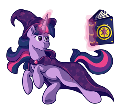 Size: 1693x1525 | Tagged: safe, artist:moonlightfan, derpibooru import, twilight sparkle, unicorn twilight, pony, unicorn, book, cape, clothes, female, glowing horn, hat, mage, magic, mare, simple background, solo, transparent background, witch hat