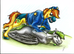 Size: 3506x2550 | Tagged: safe, artist:lupiarts, derpibooru import, oc, oc only, oc:rabid, oc:yaktan, bat pony, arm behind back, arrested, colored, coloured pencil, cuffs, handcuffed, jewelry, necklace, police, police officer, police uniform, smiling, smirk, traditional art