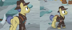 Size: 726x312 | Tagged: safe, derpibooru import, screencap, rockhoof, earth pony, pony, a rockhoof and a hard place, clothes, cropped, facial hair, hat, indiana jones, indiana pones, male, solo focus, stallion