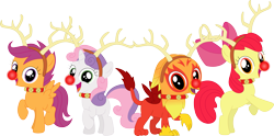 Size: 3571x1772 | Tagged: safe, artist:porygon2z, derpibooru import, apple bloom, scootaloo, sweetie belle, oc, oc:heatwave, griffon, antlers, chickub, christmas, cutie mark crusaders, holiday, reindeer antlers, rudolph nose