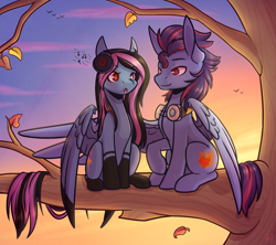 Size: 1024x911 | Tagged: safe, artist:ak4neh, derpibooru import, oc, oc only, oc:alpha jet, oc:lost, pegasus, pony, autumn, autumn leaves, female, headphones, hug, leaves, male, mare, music notes, scenery, shipping, singing, sitting, sitting in a tree, stallion, straight, tree, tree branch, winghug