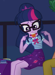 Size: 426x582 | Tagged: safe, derpibooru import, screencap, sci-twi, timber spruce, twilight sparkle, better together, equestria girls, star crossed, adorkable, cropped, cute, dork, geode of telekinesis, magical geodes, offscreen character, solo focus, tongue out