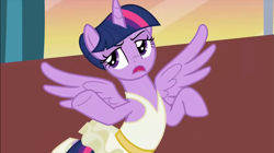 Size: 1233x692 | Tagged: safe, derpibooru import, screencap, twilight sparkle, twilight sparkle (alicorn), alicorn, pony, a royal problem, ballerina, clothes, female, lidded eyes, open mouth, solo, spread wings, tutu, twilarina, unamused, wings