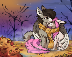 Size: 1280x1024 | Tagged: safe, artist:sweet_goat21, derpibooru import, oc, oc only, oc:tarot, oc:xor, classical unicorn, pony, sphinx, unicorn, autumn, clothes, cloven hooves, cold, couple, cuddling, cute, detailed background, ear piercing, female, floppy ears, fluffy, hooves, interspecies, leaves, leonine tail, long tail, male, mare, night, oc x oc, piercing, romantic, scarf, shipping, smiling, snuggling, sphinx oc, straight, taror, tree, unshorn fetlocks, wings