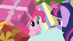 Size: 1920x1080 | Tagged: safe, derpibooru import, screencap, pinkie pie, twilight sparkle, twilight sparkle (alicorn), alicorn, earth pony, pony, best gift ever, hearth's warming shorts, the great escape room, cute, diapinkes, female, glowing horn, levitation, magic, mare, present, smiling, telekinesis