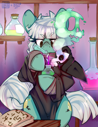 Size: 2550x3300 | Tagged: safe, artist:bbsartboutique, artist:ruef, derpibooru import, oc, oc only, oc:sulfur powder, earth pony, pony, collaboration, :<, clothes, cutie mark, female, frazzled hair, frown, laboratory, mask, plague doctor, plague doctor mask, potion, robe, skull, smoke, solo