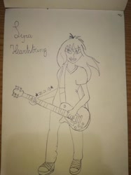 Size: 526x702 | Tagged: safe, artist:shooting star, derpibooru import, lyra heartstrings, anthro, human, unicorn, fanfic:anthropology, fanfic, fanfic art, female, guitar, monochrome, open mouth, solo, traditional art