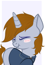 Size: 1800x2600 | Tagged: safe, artist:limondash, derpibooru import, oc, oc:littlepip, pony, unicorn, fallout equestria, blush sticker, blushing, clothes, cute, eyes closed, fanfic, fanfic art, female, mare, missing cutie mark, scrunchy face, simple background, solo, vault suit