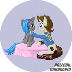 Size: 1024x1024 | Tagged: safe, artist:knightofmodernday, derpibooru import, oc, oc only, oc:homage, oc:littlepip, pony, unicorn, fallout equestria, blushing, clothes, cutie mark, fanfic, fanfic art, female, hooves, horn, lesbian, mare, oc x oc, open mouth, pipbuck, pipmage, shipping, sitting, smiling, table, teeth, vault suit