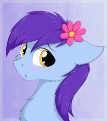 Size: 1040x1174 | Tagged: safe, artist:wolfypon, derpibooru import, oc, oc only, oc:deli, blushing, flower, flower in hair, male, simple background, solo, stallion