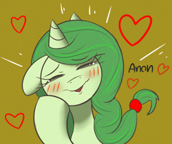 Size: 1586x1333 | Tagged: safe, artist:nignogs, derpibooru import, oc, oc only, pony, unicorn, blushing, colored, colt, crying, cute, cyoa, eyes closed, heart, hoof hold, implied anon, lips, male, smiling, solo, spookie, tears of joy, trap