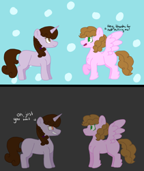 Size: 1024x1216 | Tagged: safe, artist:lazyy-llama, derpibooru import, oc, oc only, oc:confetti surprise, oc:kindheart, pegasus, pony, unicorn, comic, dialogue, kindverse, offspring, parent:cheese sandwich, parent:pinkie pie, parents:cheesepie