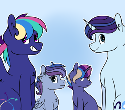 Size: 1024x902 | Tagged: safe, artist:lazyy-llama, derpibooru import, oc, oc only, oc:firework, oc:light glow, oc:royal splendor, oc:shining glow, pegasus, pony, unicorn, gay, kindverse, magical gay spawn, male, offspring, parent:fancypants, parent:oc:firework, parent:oc:royal splendor, parent:rainbow dash, parent:rarity, parent:soarin', parents:raripants, parents:soarindash