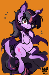 Size: 492x750 | Tagged: safe, artist:tohupo, derpibooru import, twilight sparkle, twilight sparkle (alicorn), alicorn, bat pony, bat ponified, female, mare, orange background, race swap, red eyes, simple background, solo, twibat