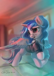 Size: 1024x1448 | Tagged: safe, artist:louislithium, derpibooru import, oc, oc only, alicorn, pony, alicorn oc, blurry background, clothes, commission, female, glasses, mare, open mouth, shirt, signature, solo