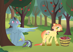 Size: 1400x1000 | Tagged: safe, artist:mintbubbie, derpibooru import, oc, oc:ambrosia apple, oc:stormfront, earth pony, pegasus, pony, apple, apple tree, blushing, bucket, dirty hooves, duo, female, food, male, mare, offspring, parent:big macintosh, parent:fluttershy, parent:rainbow dash, parent:thunderlane, parents:fluttermac, parents:thunderdash, spread wings, stallion, story included, tree, wingboner, wings