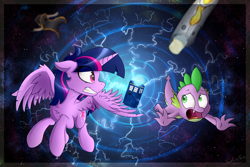 Size: 1024x683 | Tagged: safe, artist:sentireaeris, derpibooru import, spike, twilight sparkle, twilight sparkle (alicorn), alicorn, dragon, pony, doctor who, fangs, female, lightning, looking at each other, male, mare, open mouth, sonic screwdriver, tardis, teeth grinding, thirteenth doctor, time vortex