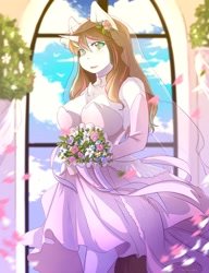 Size: 3138x4096 | Tagged: safe, artist:hakkids2, derpibooru import, oc, oc only, anthro, unicorn, anthro oc, bouquet, breasts, bride, chest fluff, cleavage, cleavage fluff, clothes, cloud, dress, female, flower, flower in hair, gloves, long gloves, looking at you, mare, open mouth, plant, signature, sky, solo, wedding dress, window