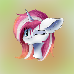Size: 1250x1250 | Tagged: safe, artist:lunar froxy, derpibooru import, oc, oc only, oc:aether wake, pony, unicorn, commission, eye clipping through hair, female, mare, one eye closed, simple background, solo, wink