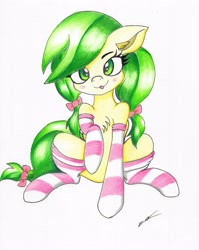 Size: 2440x3062 | Tagged: safe, artist:luxiwind, derpibooru import, apple fritter, pony, :p, apple family member, blushing, chest fluff, clothes, cute, ear fluff, fritterbetes, silly, sitting, socks, solo, striped socks, tongue out, traditional art