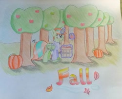 Size: 1457x1189 | Tagged: safe, artist:prinrue, derpibooru import, oc, oc only, oc:starshine note, alicorn, alicorn oc, apple, apple tree, autumn, basket, food, glowing horn, leaves, pumpkin, solo, text, traditional art, tree