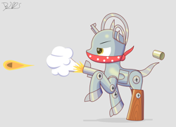 Size: 2550x1845 | Tagged: safe, artist:trackheadtherobopony, derpibooru import, oc, oc:backfire, pony, robot, robot pony, bullet shell, clothes, gun, gun pony, handgun, revolver, scarf, shot, signature, simple background, solo