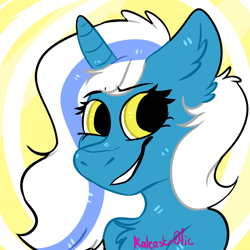 Size: 1024x1024 | Tagged: safe, artist:kateastr0fic, derpibooru import, oc, oc:fleurbelle, alicorn, pony, abstract background, alicorn oc, bust, chest fluff, signature