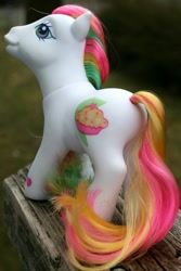 Size: 569x851 | Tagged: safe, artist:lilcricketnoise, derpibooru import, coconut cream, pony, g3, bench, irl, outdoors, photo, plot, toy