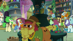 Size: 1280x720 | Tagged: safe, derpibooru import, screencap, cattail, deuce switchell, lavender sunrise, meadowbrook, rockhoof, savage honeydew, earth pony, pony, a rockhoof and a hard place, background pony, beard, braid, cajun ponies, clothes, facial hair, female, hat, las pegasus resident, male, mare, meadowbrook's home, moustache, potion hiss, rockhoof's shovel, stallion, swamp fever plant, top hat, unnamed pony