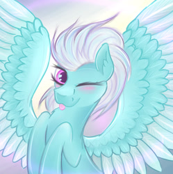 Size: 2300x2310 | Tagged: safe, artist:twiontheline, derpibooru import, fleetfoot, pegasus, pony, :p, blushing, chest fluff, cute, diafleetes, ear fluff, heart eyes, high res, one eye closed, silly, solo, spread wings, tongue out, two toned wings, wingding eyes, wings, wink