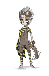 Size: 1231x1920 | Tagged: safe, artist:artguydis, derpibooru import, oc, oc only, oc:brittlebee, hagwarders, human, original species, crossbow, goggles, humanized, living doll, overalls, solo