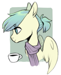 Size: 409x504 | Tagged: safe, artist:amphoera, derpibooru import, oc, oc:venti via, pegasus, pony, bust, clothes, coffee, scarf, solo