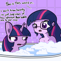 Size: 1650x1650 | Tagged: safe, artist:tjpones, derpibooru import, sci-twi, twilight sparkle, alicorn, pony, equestria girls, bath, bathing, bathing together, bathtub, bubble, bubble bath, casual nudity, confused, dialogue, female, frown, glare, glasses, human ponidox, implied nudity, lidded eyes, looking at something, mare, nudity, open mouth, self ponidox, sitting, soap bubble, strategically covered, suspicious, twilight is not amused, twolight, unamused, we don't normally wear clothes