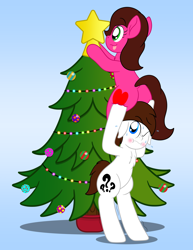 Size: 1280x1656 | Tagged: safe, artist:aarondrawsarts, derpibooru import, oc, oc:brain teaser, oc:rose bloom, pony, bipedal, brainbloom, christmas, christmas tree, holiday, lifting, lifting ponies, oc x oc, plot, shipping, sweat, tree