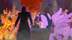 Size: 1020x570 | Tagged: safe, artist:thelatingamer8888, derpibooru import, twilight sparkle, twilight sparkle (alicorn), alicorn, human, burning, fanfic art, johnathan johnson, ponyville, silhouette, story included, sword, vengeance (fanfic), weapon