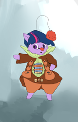 Size: 809x1261 | Tagged: safe, artist:camper, derpibooru import, twilight sparkle, book, clothes, flat-color, moogle, wat