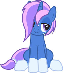 Size: 1803x2074 | Tagged: safe, artist:lightning stripe, derpibooru exclusive, derpibooru import, oc, oc only, oc:everstar, pony, unicorn, blue, blue coat, dappled, eyelashes, female, freckles, hair over one eye, horn, mare, purple eyes, purple hair, purple mane, show accurate, simple background, sitting, socks (coat marking), solo, transparent background