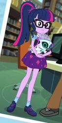Size: 395x783 | Tagged: safe, derpibooru import, screencap, bright idea, sci-twi, twilight sparkle, robot, better together, equestria girls, a queen of clubs, clothes, cropped, female, glasses, legs, looking at you, offscreen character, ponytail, robot dog, shoes, skirt, smiling, socks