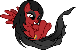 Size: 3323x2181 | Tagged: safe, artist:lightning stripe, derpibooru exclusive, derpibooru import, oc, oc only, oc:smoky shadows, pegasus, pony, black mane, cutie mark, eyelashes, eyeliner, female, flying, lidded eyes, long hair, long mane, long tail, makeup, mare, red, red coat, red eyes, show accurate, simple background, smiling, solo, transparent background, underhoof, wings