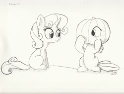 Size: 3330x2519 | Tagged: safe, artist:taurson, derpibooru import, apple bloom, sweetie belle, pony, black and white, female, filly, grayscale, monochrome, pumpkinhead