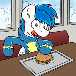 Size: 1280x1280 | Tagged: safe, artist:moemneop, derpibooru import, oc, oc:kami, pegasus, pony, burger, clothes, food, hay burger, male, solo, stallion, uniform, wonderbolts uniform