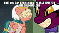 Size: 600x337 | Tagged: safe, derpibooru import, edit, edited screencap, screencap, somnambula, sphinx (character), pegasus, pony, sphinx, daring done?, blindfold, duo, female, image macro, mare, meme, somnambula's blindfold